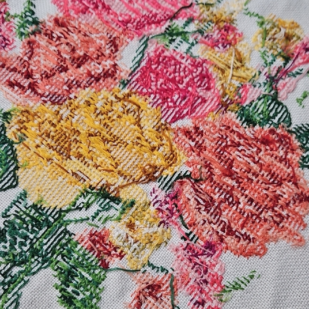 Vintage Handmade Cross-stitched Floral Table Runner Table Topper - Picture 7 of 8
